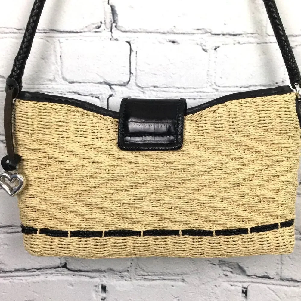 Brighton Cottagecore Cream Woven Straw Black Leather Braided Handle Baguette